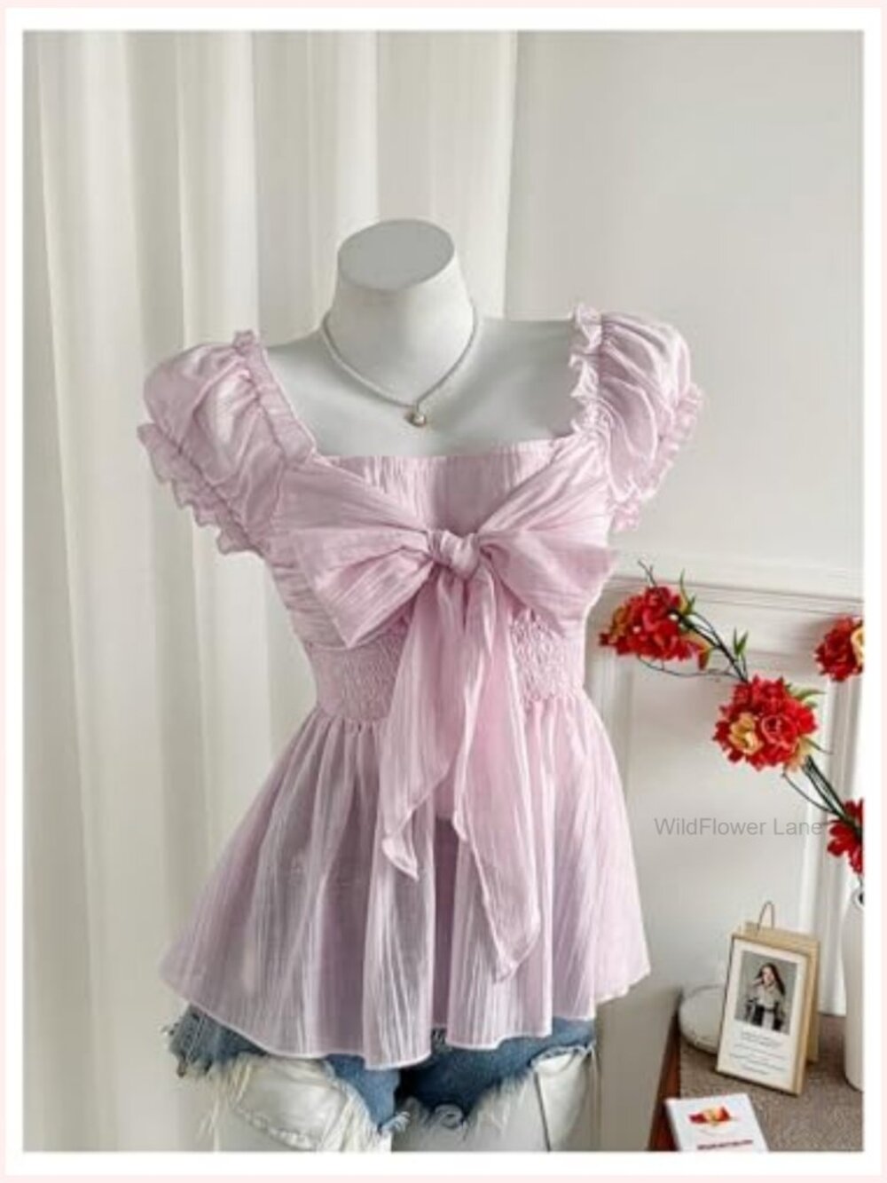 Women's Summer Puff Sleeve Peplum Blouse Tie Bow Chiffon Top - Picture 4 of 5